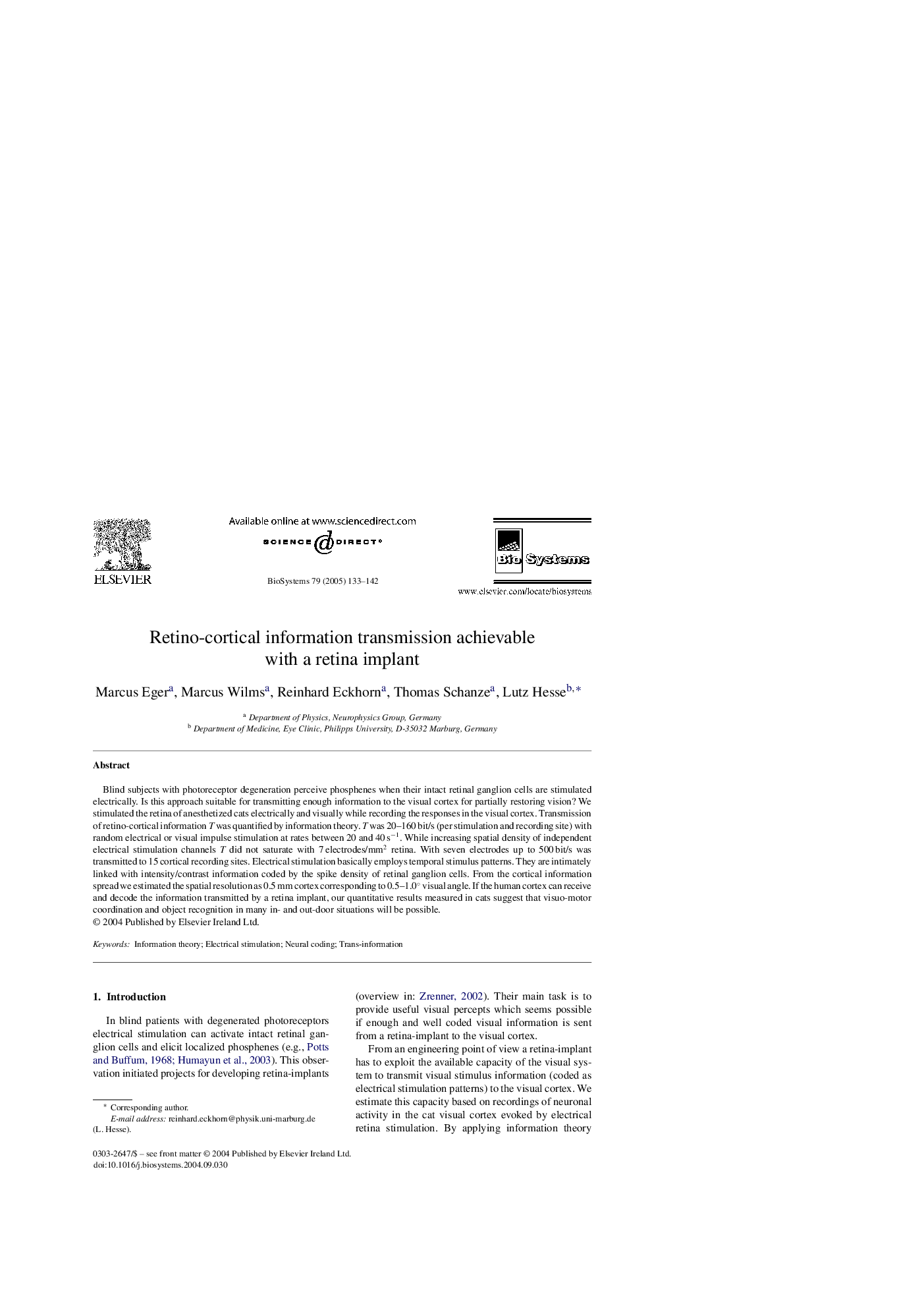 Retino-cortical information transmission achievable with a retina implant