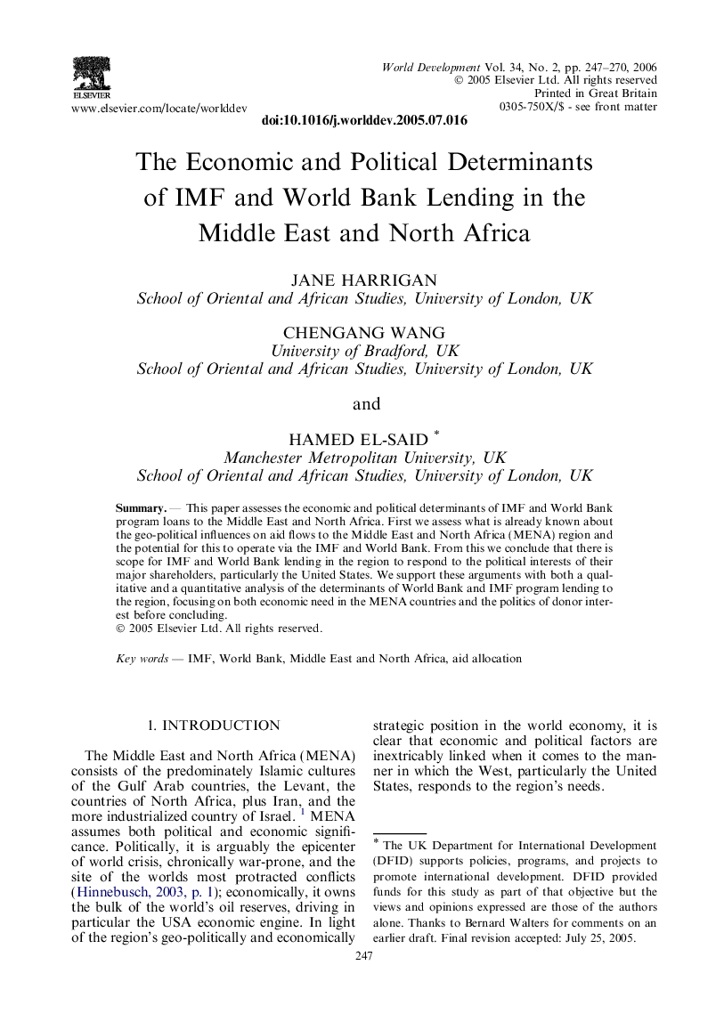 The economic and political determinants of IMF and world bank lending in the Middle East and North Africa