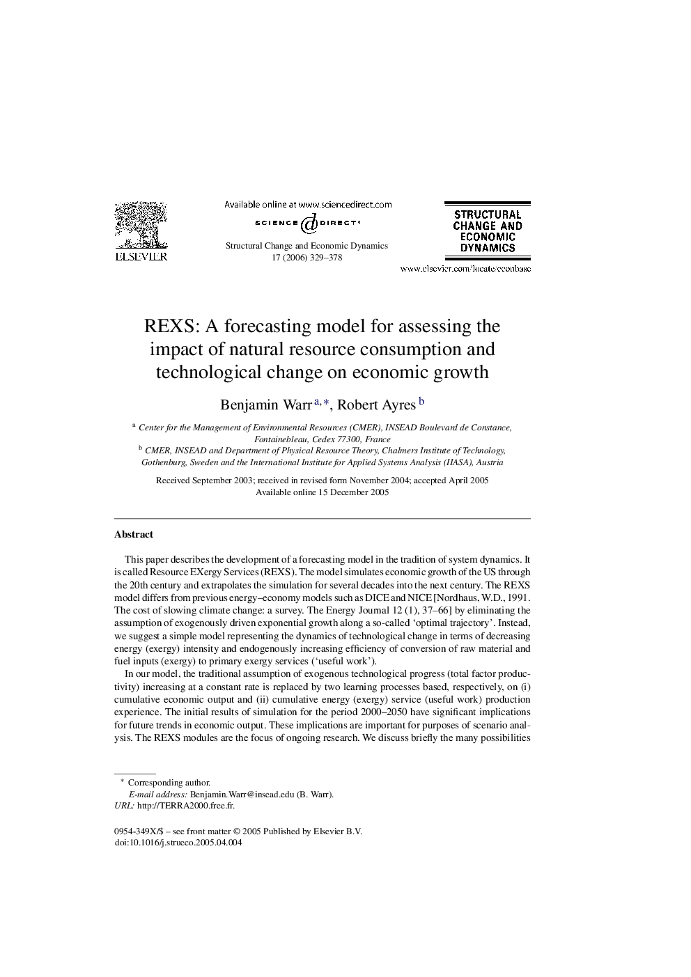 REXS: A forecasting model for assessing the impact of natural resource consumption and technological change on economic growth