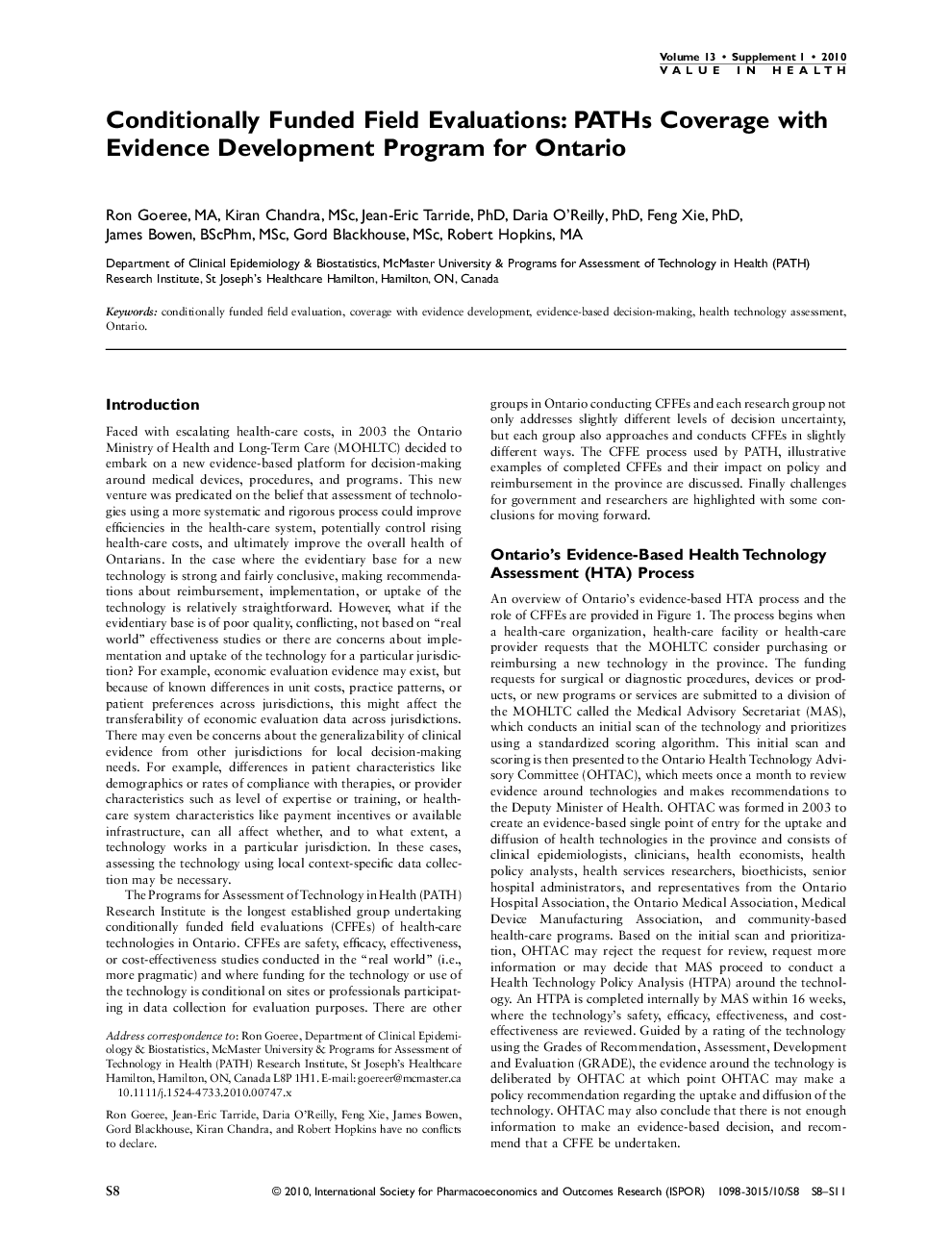 Conditionally Funded Field Evaluations: PATHs Coverage with Evidence Development Program for Ontario