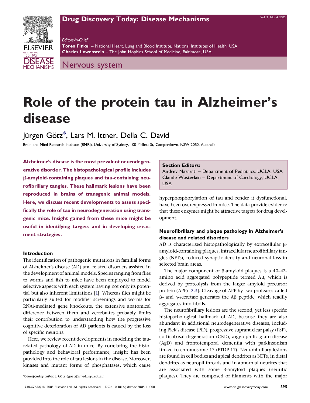 Role of the protein tau in Alzheimer's disease
