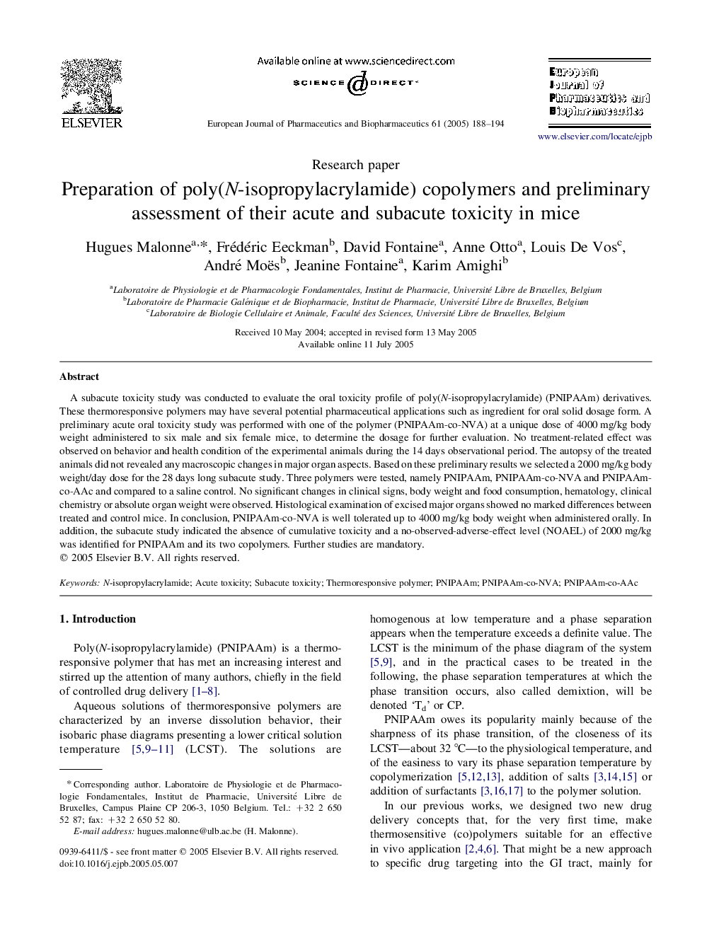 Preparation of poly(N-isopropylacrylamide) copolymers and preliminary assessment of their acute and subacute toxicity in mice