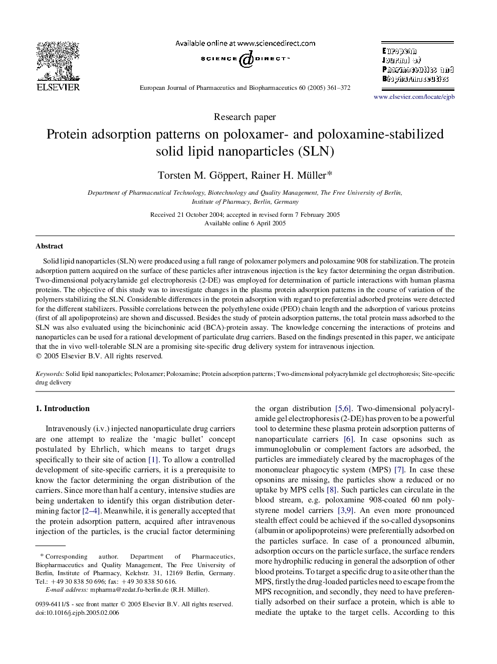 Protein adsorption patterns on poloxamer- and poloxamine-stabilized solid lipid nanoparticles (SLN)