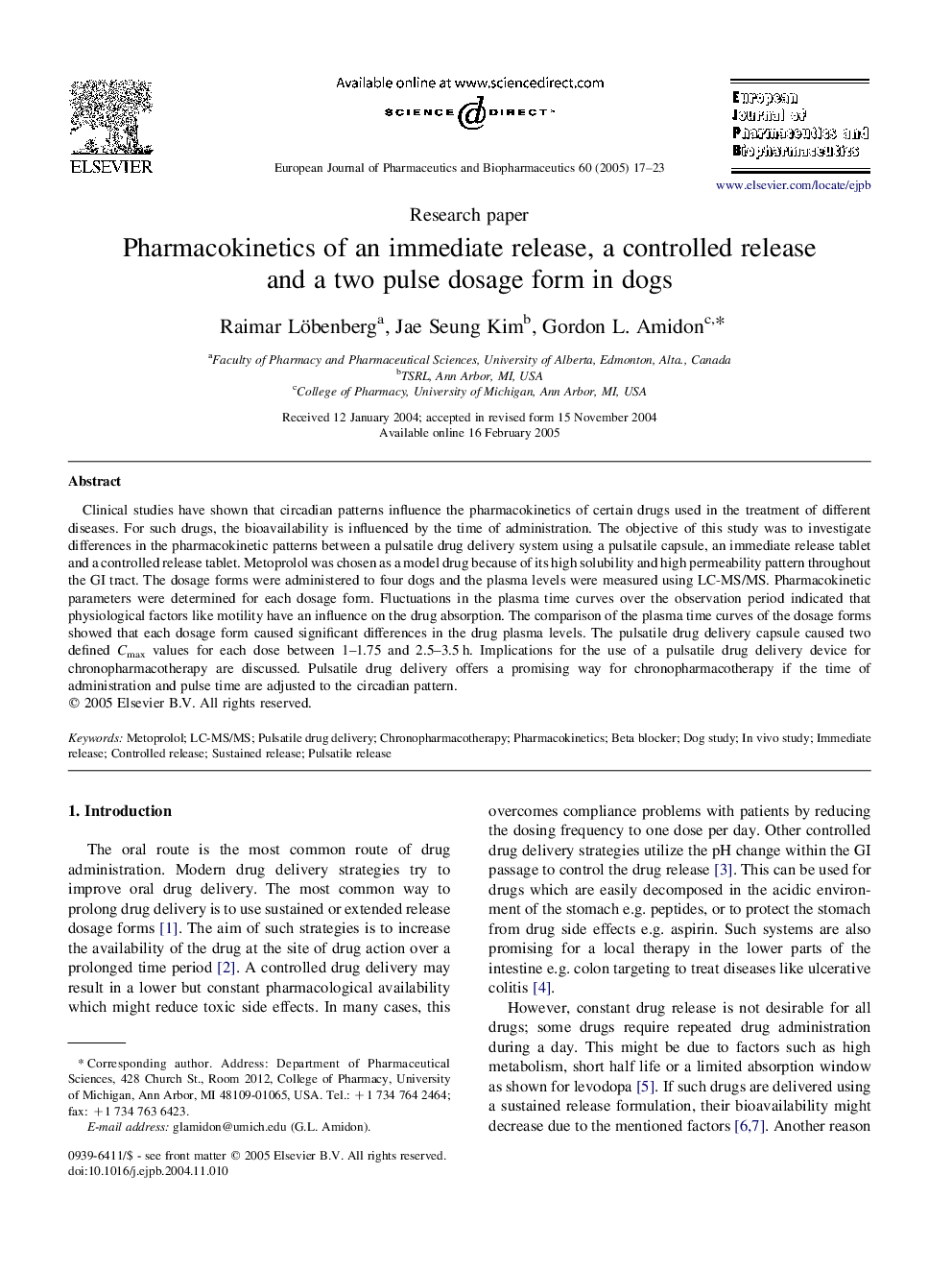 Pharmacokinetics of an immediate release, a controlled release and a two pulse dosage form in dogs