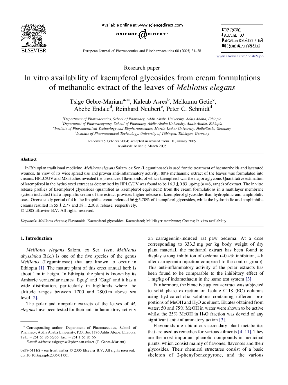 In vitro availability of kaempferol glycosides from cream formulations of methanolic extract of the leaves of Melilotus elegans