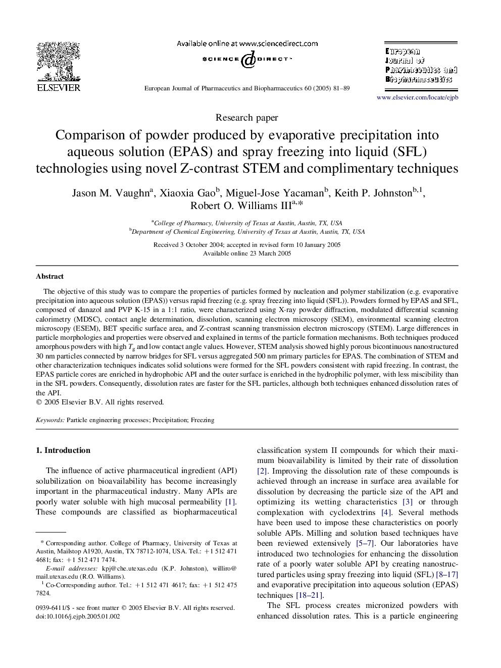 Comparison of powder produced by evaporative precipitation into aqueous solution (EPAS) and spray freezing into liquid (SFL) technologies using novel Z-contrast STEM and complimentary techniques