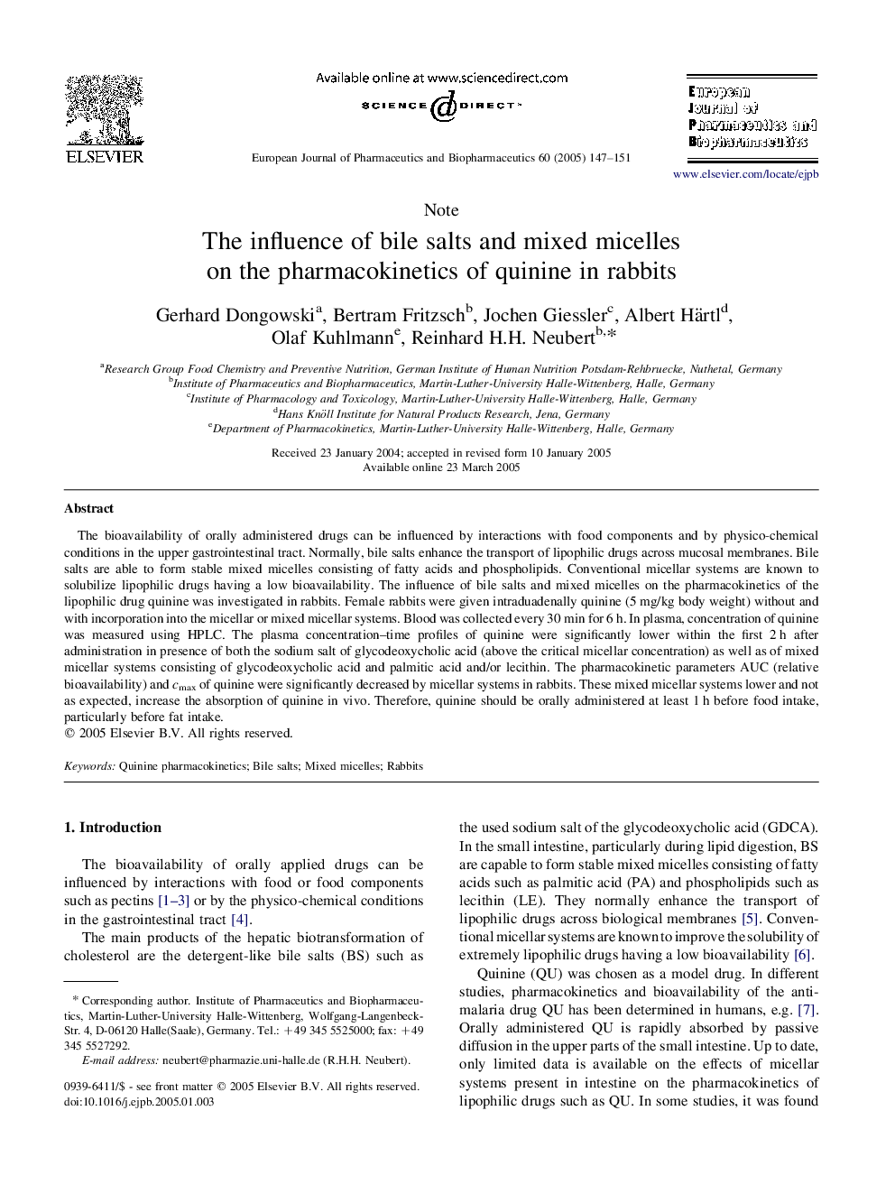 The influence of bile salts and mixed micelles on the pharmacokinetics of quinine in rabbits