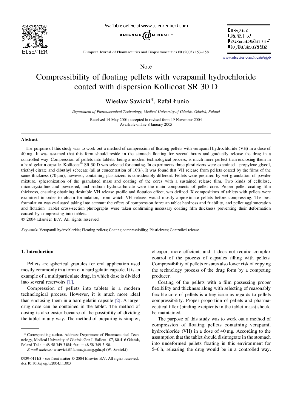 Compressibility of floating pellets with verapamil hydrochloride coated with dispersion Kollicoat SR 30 D