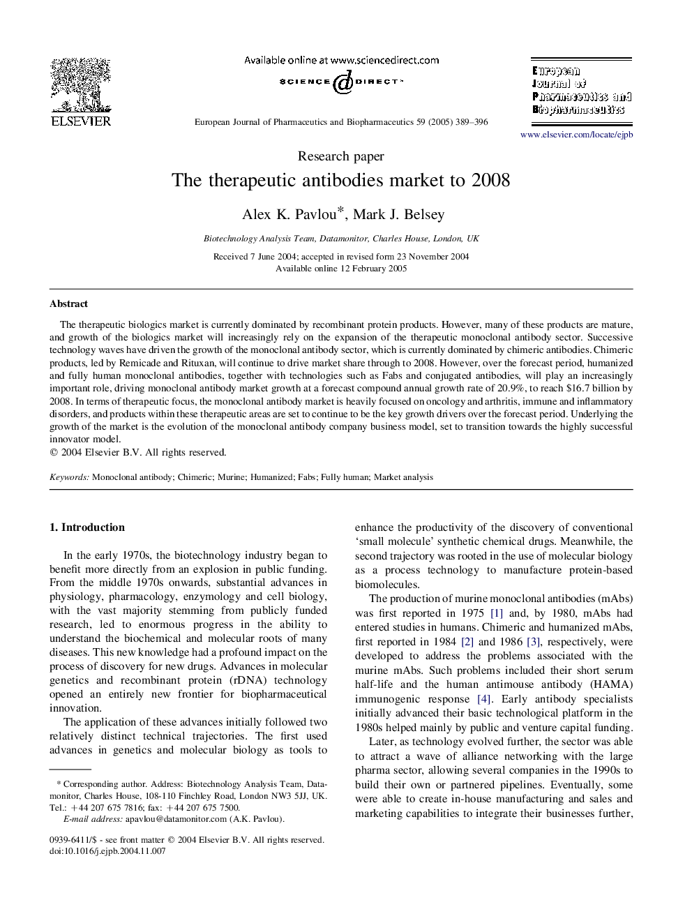 The therapeutic antibodies market to 2008