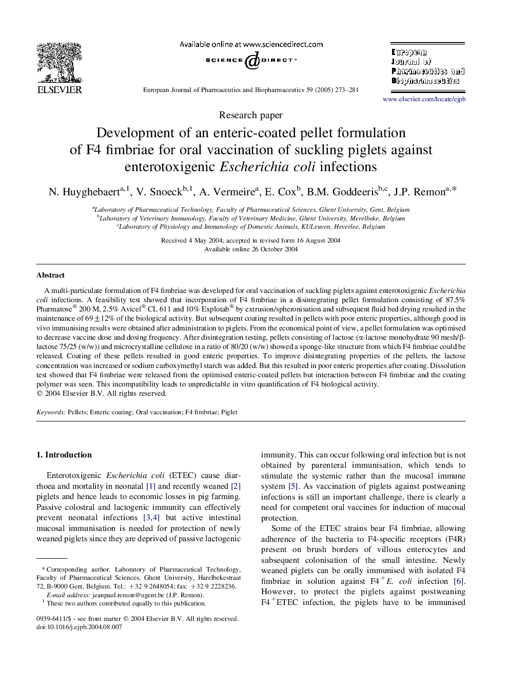 Development of an enteric-coated pellet formulation of F4 fimbriae for oral vaccination of suckling piglets against enterotoxigenic Escherichia coli infections