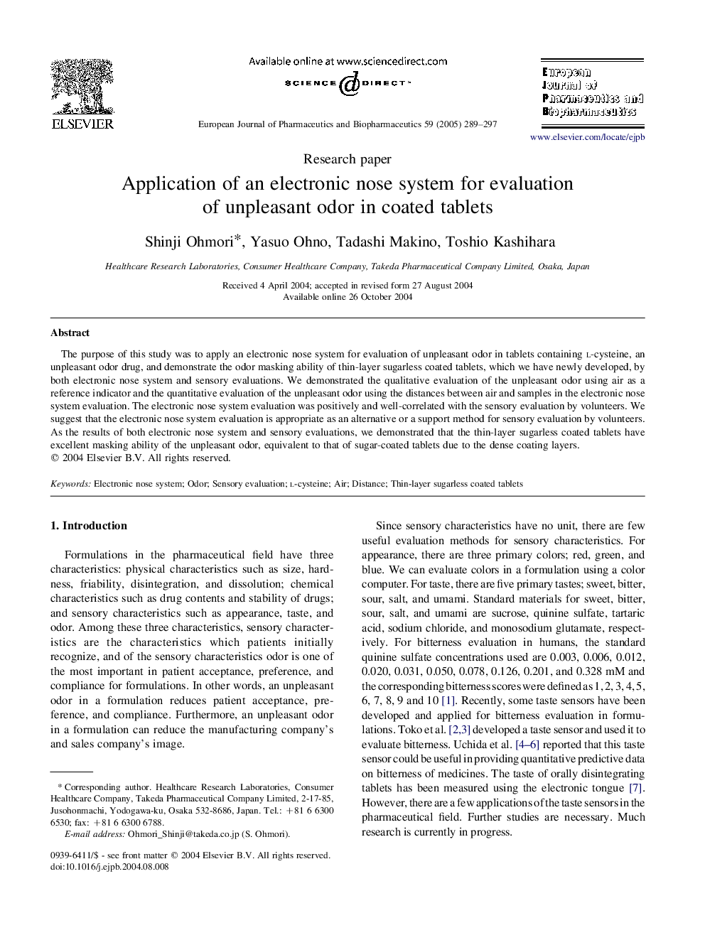 Application of an electronic nose system for evaluation of unpleasant odor in coated tablets