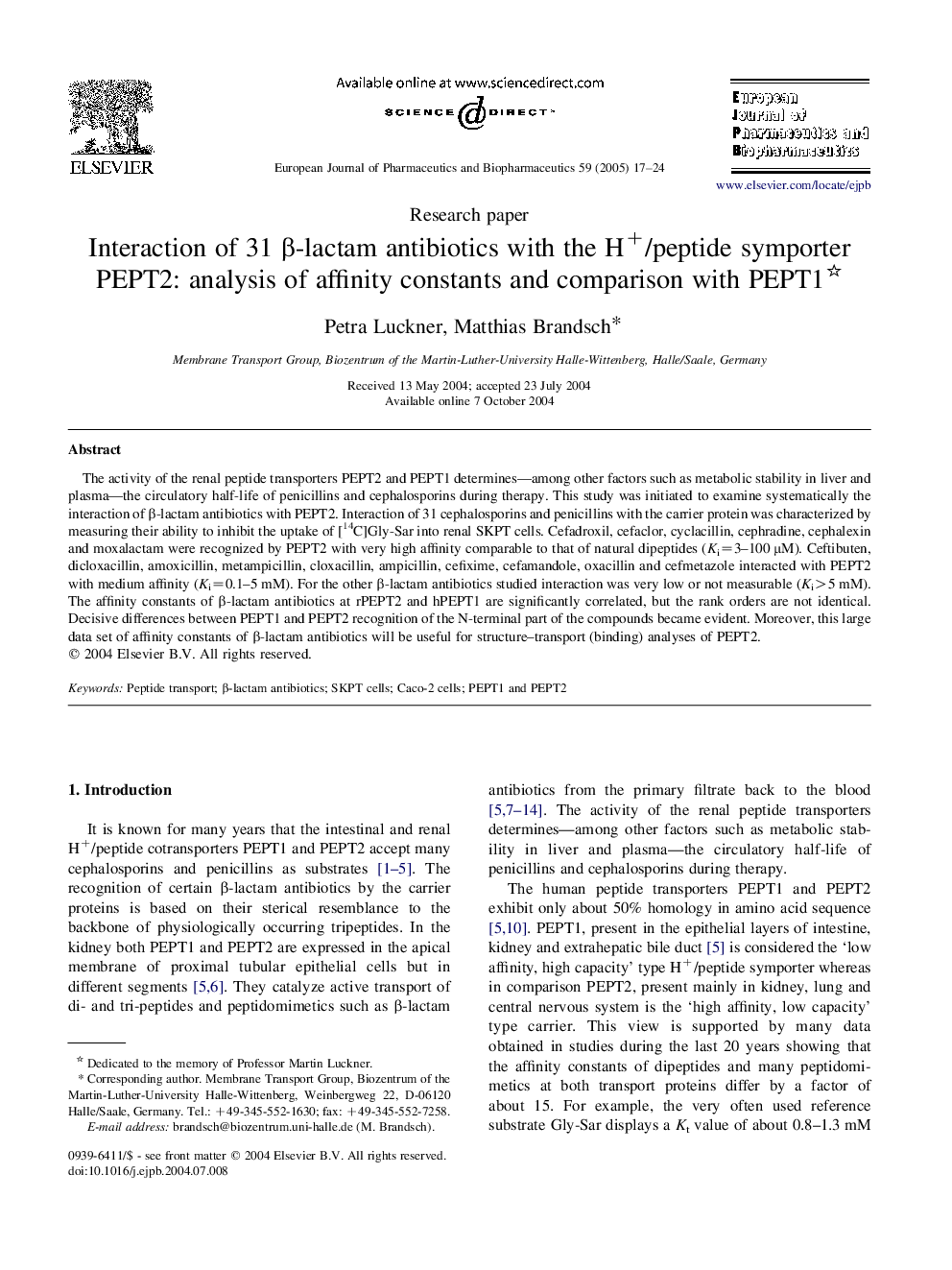 Interaction of 31 Î²-lactam antibiotics with the H+/peptide symporter PEPT2: analysis of affinity constants and comparison with PEPT1