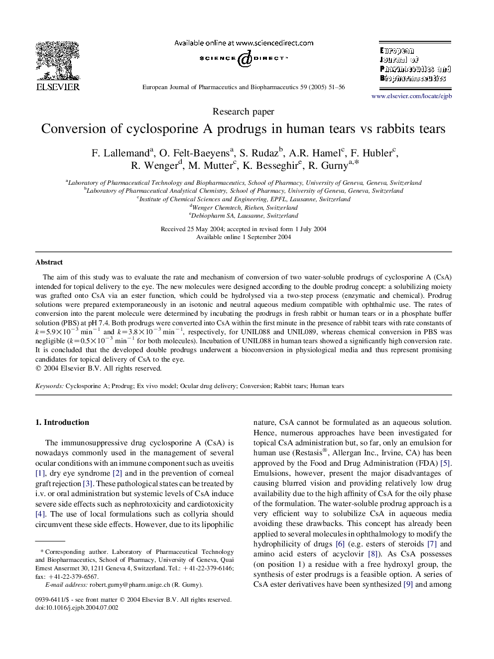 Conversion of cyclosporine A prodrugs in human tears vs rabbits tears