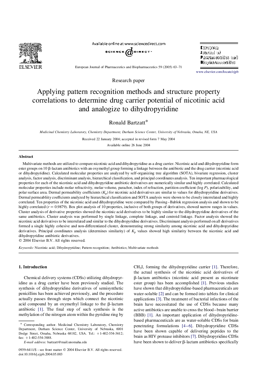 Applying pattern recognition methods and structure property correlations to determine drug carrier potential of nicotinic acid and analogize to dihydropyridine