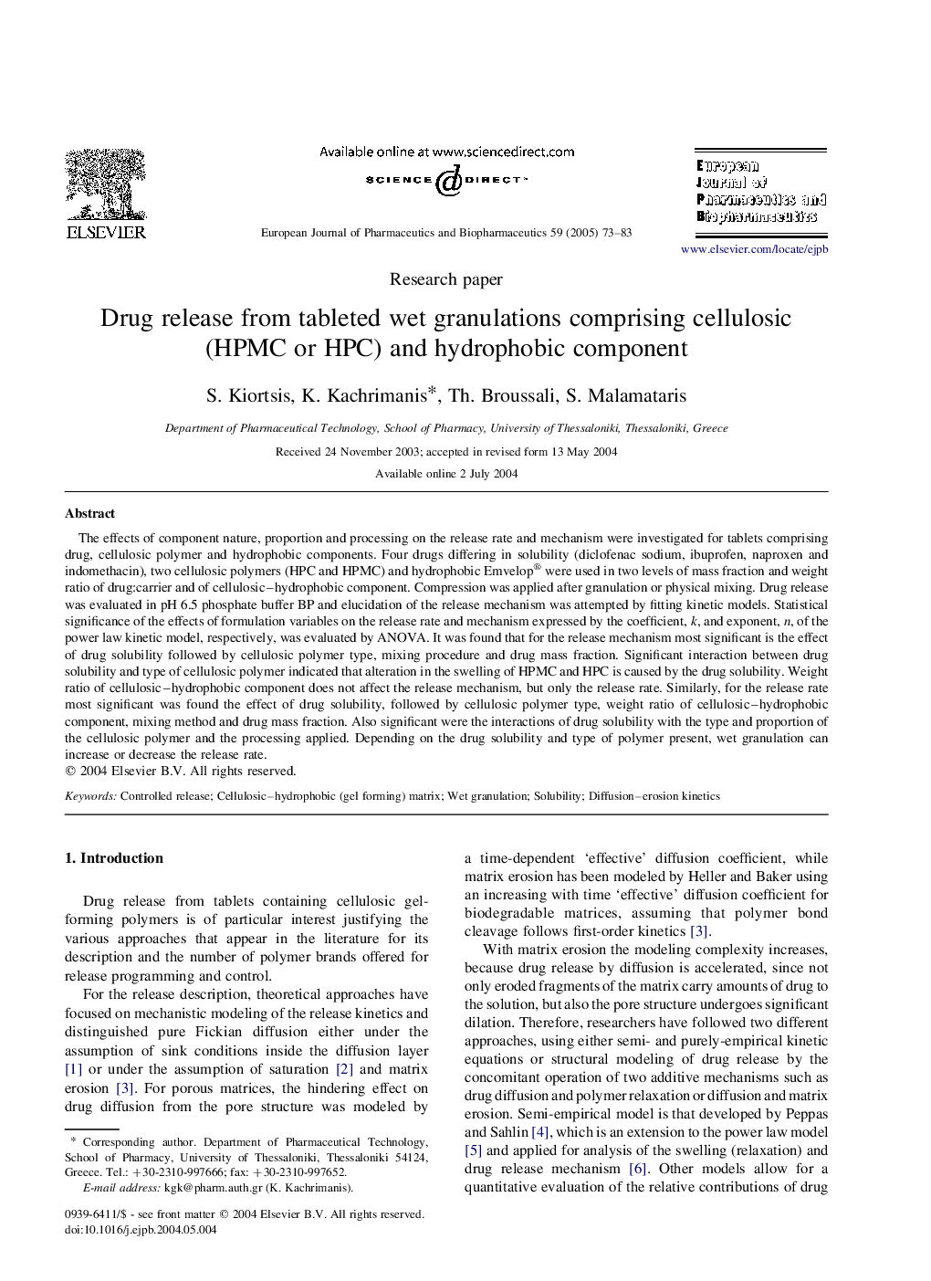 Drug release from tableted wet granulations comprising cellulosic (HPMC or HPC) and hydrophobic component