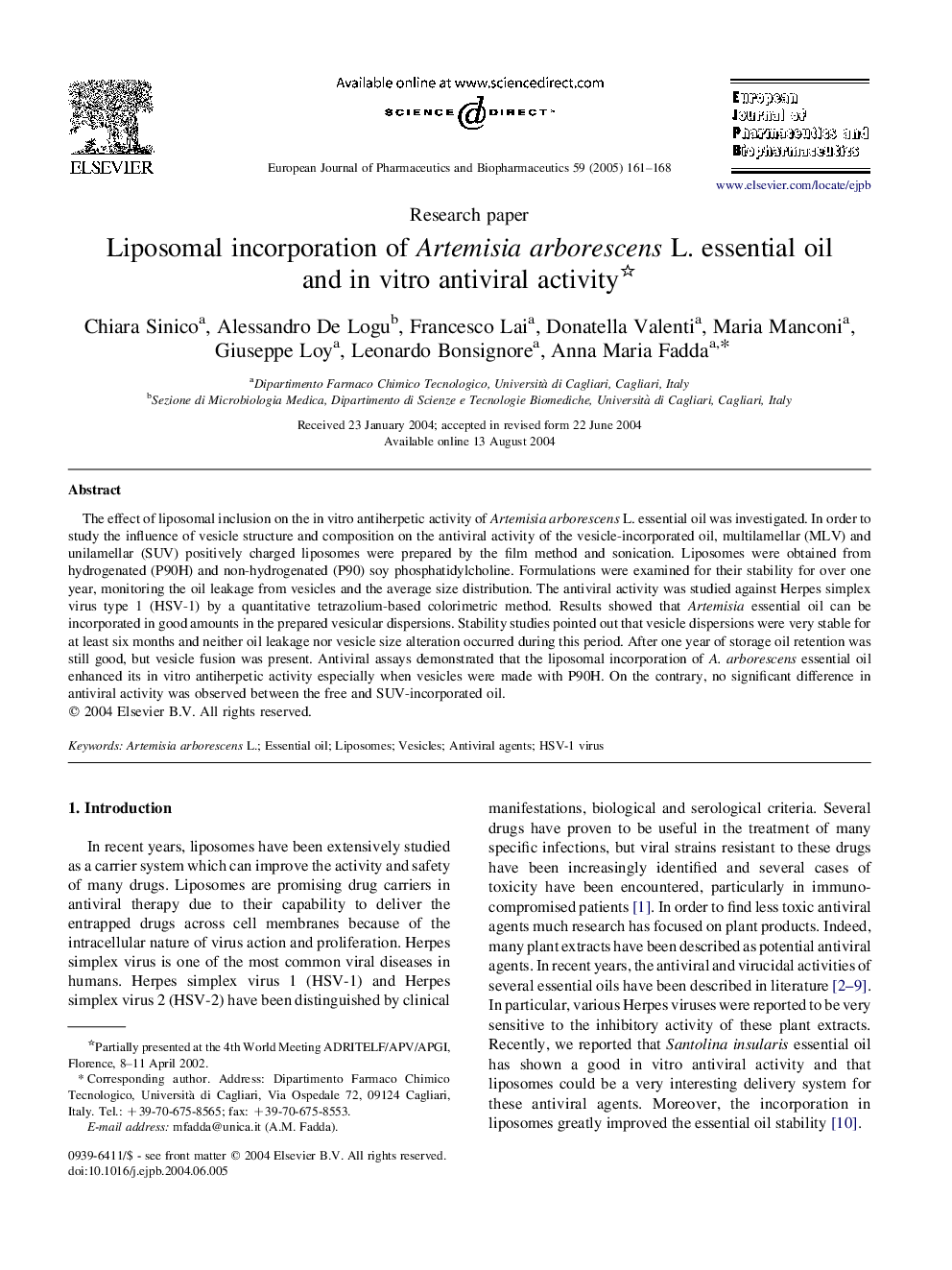 Liposomal incorporation of Artemisia arborescens L. essential oil and in vitro antiviral activity