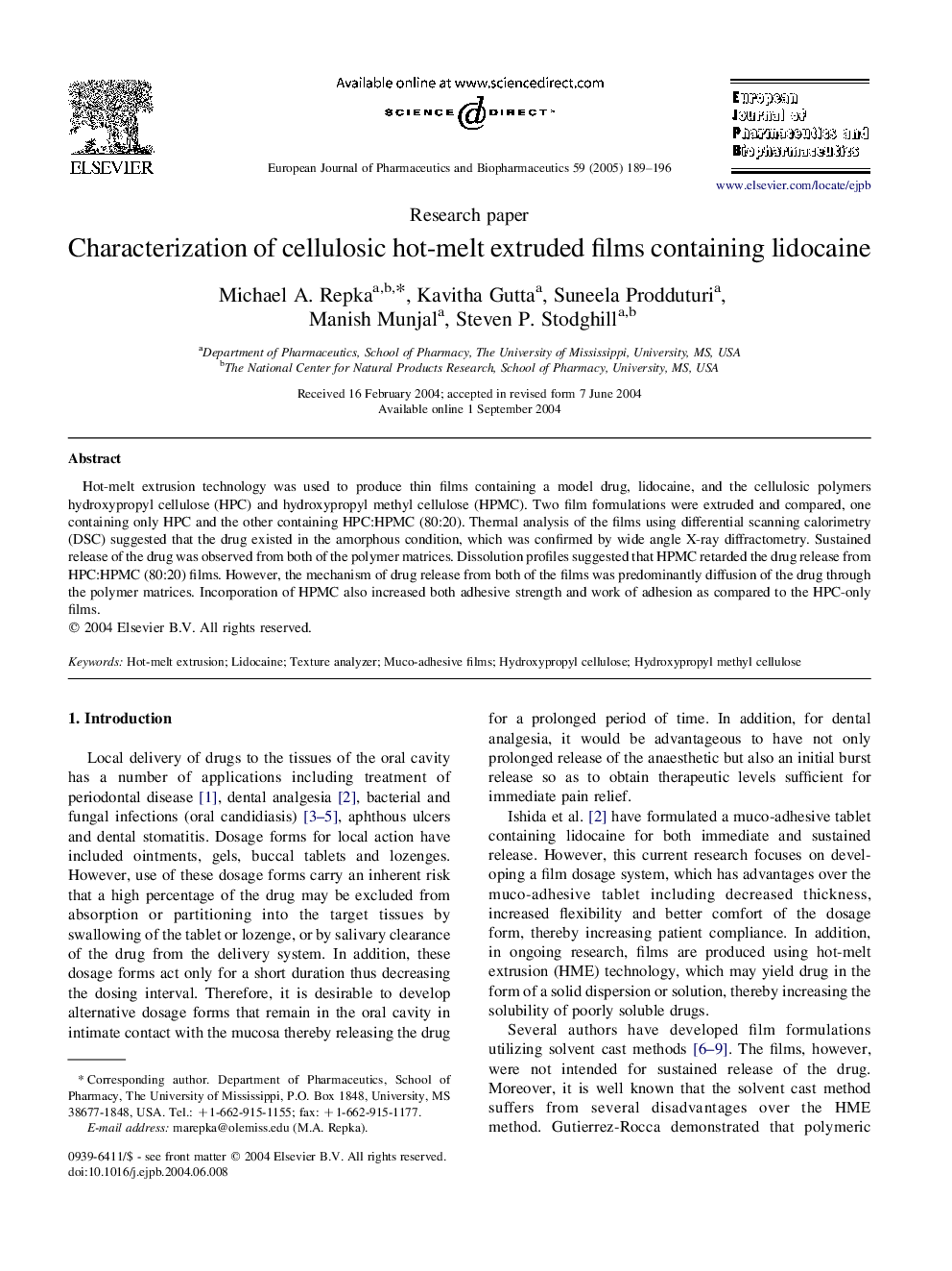 Characterization of cellulosic hot-melt extruded films containing lidocaine