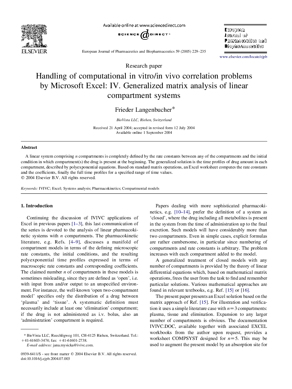 Handling of computational in vitro/in vivo correlation problems by Microsoft Excel: IV. Generalized matrix analysis of linear compartment systems