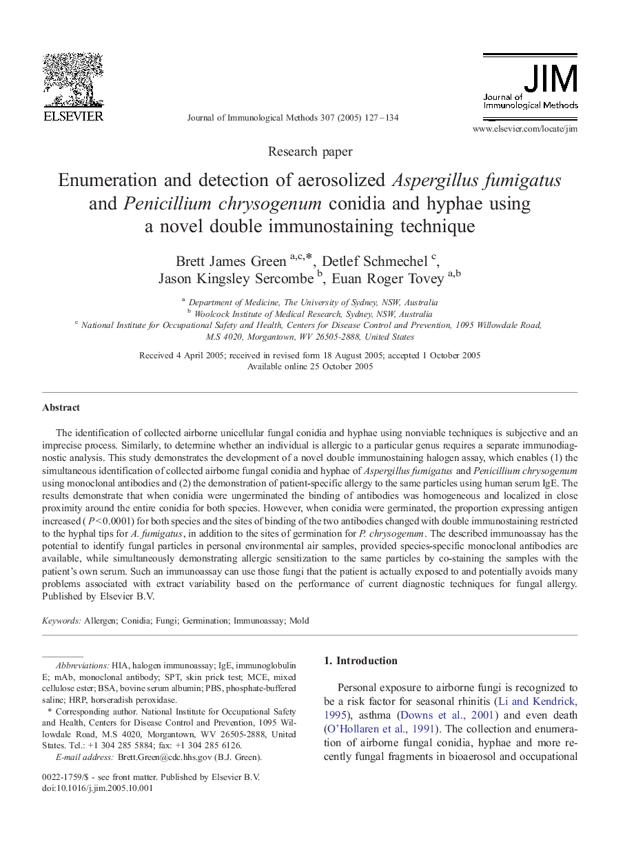 Enumeration and detection of aerosolized Aspergillus fumigatus and Penicillium chrysogenum conidia and hyphae using a novel double immunostaining technique