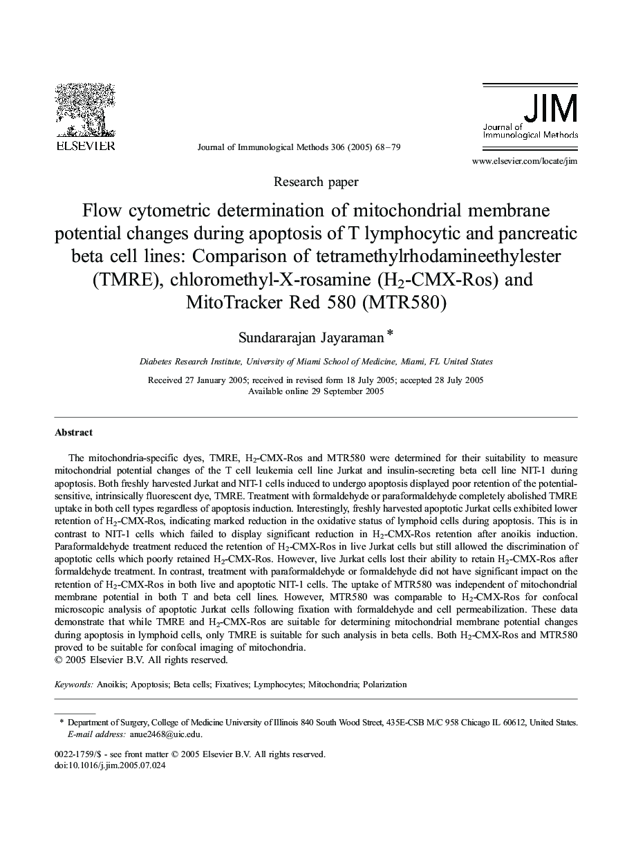 Flow cytometric determination of mitochondrial membrane potential changes during apoptosis of T lymphocytic and pancreatic beta cell lines: Comparison of tetramethylrhodamineethylester (TMRE), chloromethyl-X-rosamine (H2-CMX-Ros) and MitoTracker Red 580 (