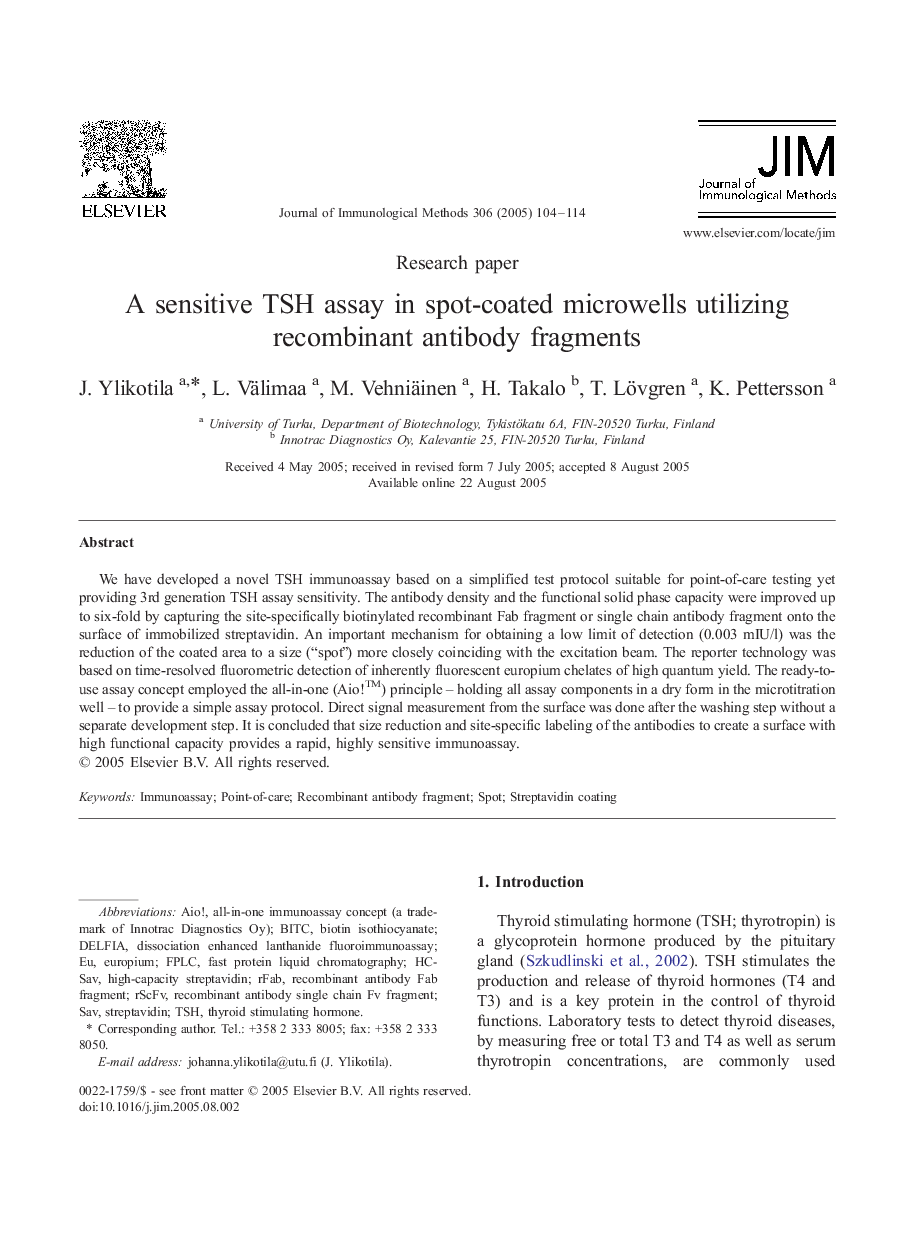 A sensitive TSH assay in spot-coated microwells utilizing recombinant antibody fragments