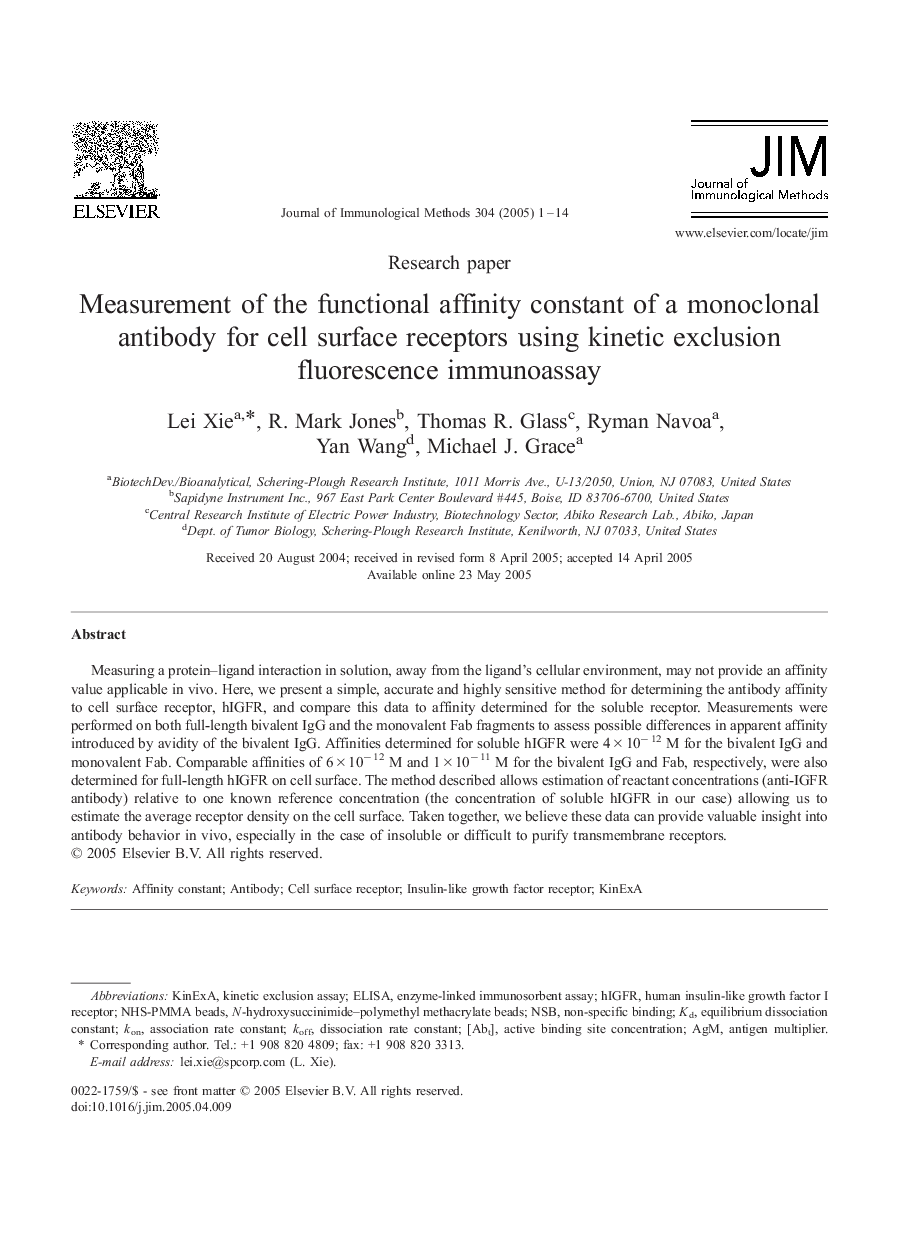 Measurement of the functional affinity constant of a monoclonal antibody for cell surface receptors using kinetic exclusion fluorescence immunoassay