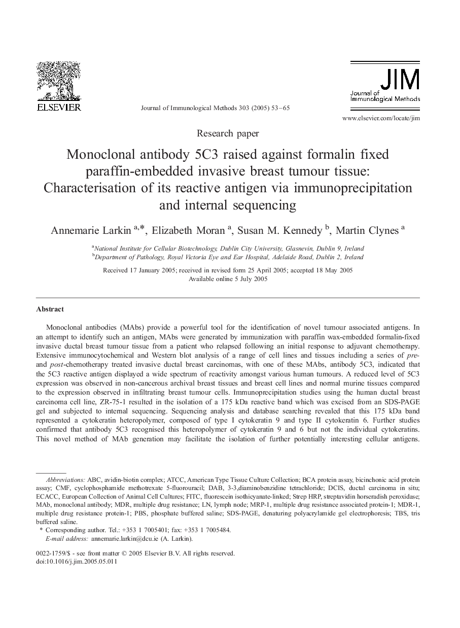 Monoclonal antibody 5C3 raised against formalin fixed paraffin-embedded invasive breast tumour tissue: Characterisation of its reactive antigen via immunoprecipitation and internal sequencing