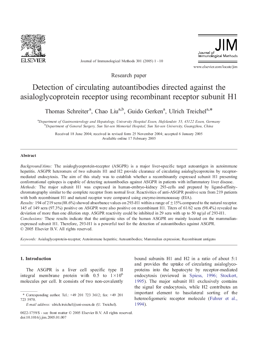 Detection of circulating autoantibodies directed against the asialoglycoprotein receptor using recombinant receptor subunit H1