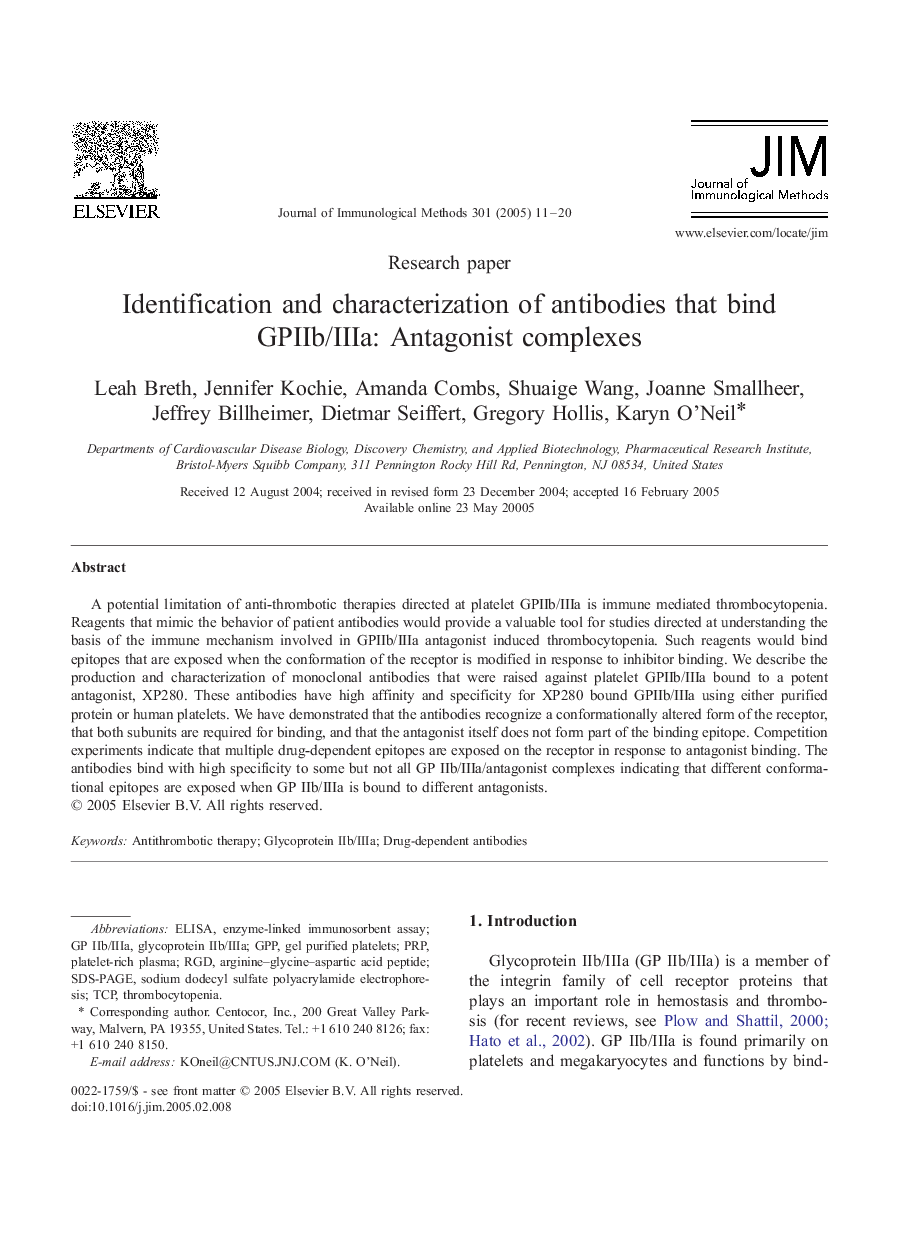 Identification and characterization of antibodies that bind GPIIb/IIIa: Antagonist complexes