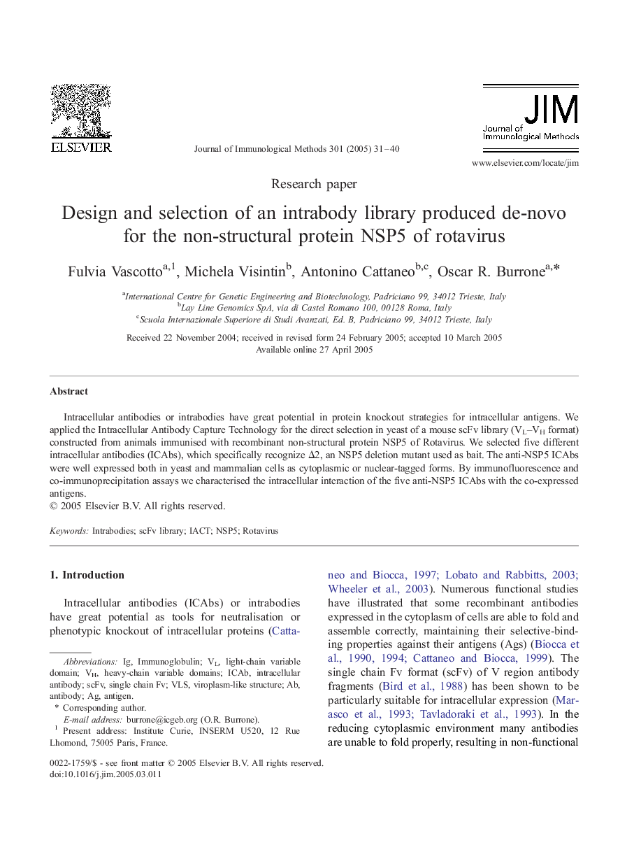 Design and selection of an intrabody library produced de-novo for the non-structural protein NSP5 of rotavirus