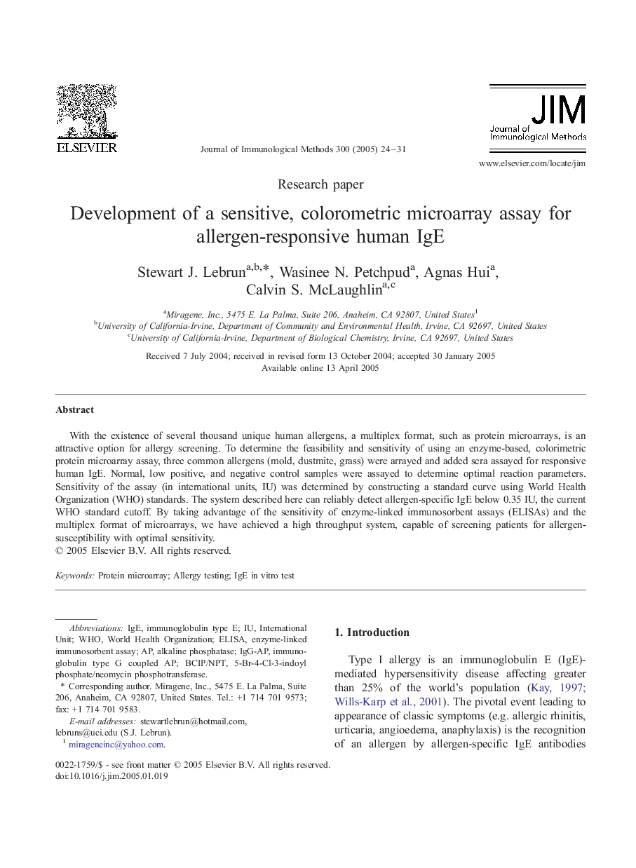 Development of a sensitive, colorometric microarray assay for allergen-responsive human IgE