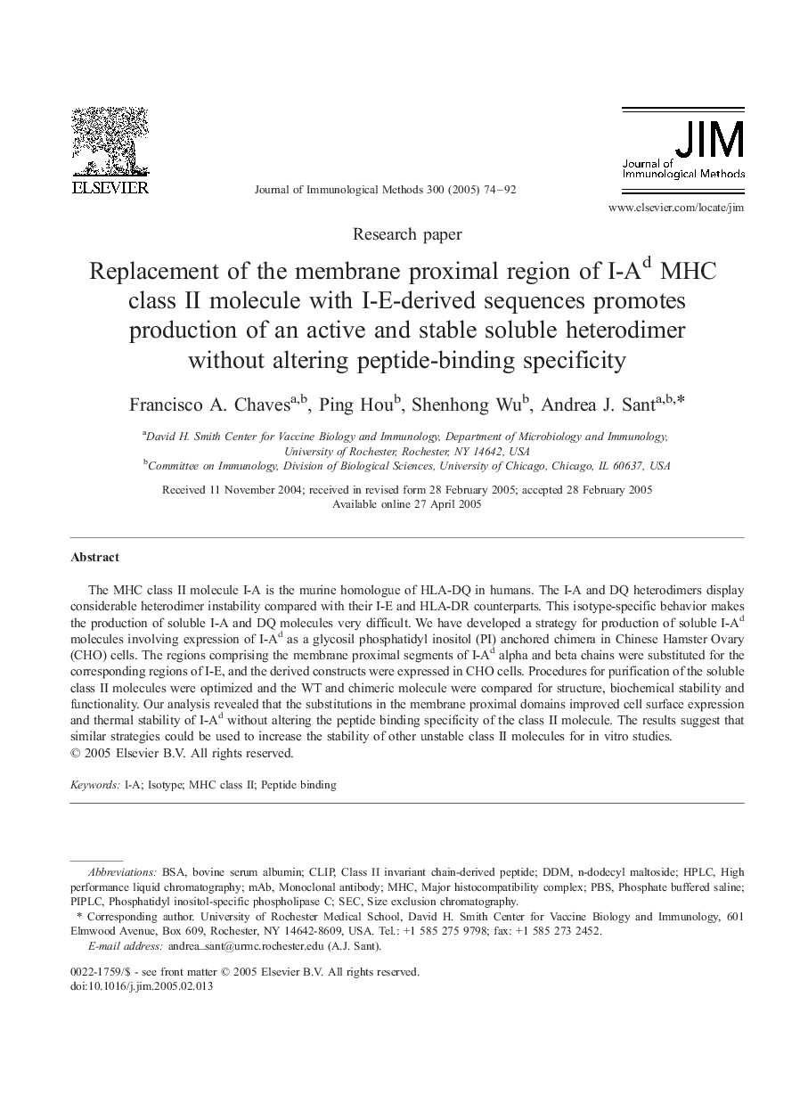 Replacement of the membrane proximal region of I-Ad MHC class II molecule with I-E-derived sequences promotes production of an active and stable soluble heterodimer without altering peptide-binding specificity