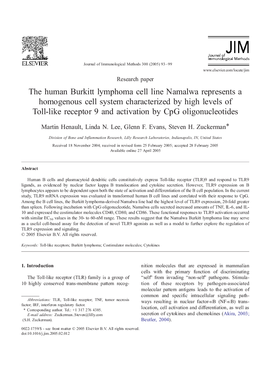 The human Burkitt lymphoma cell line Namalwa represents a homogenous cell system characterized by high levels of Toll-like receptor 9 and activation by CpG oligonucleotides