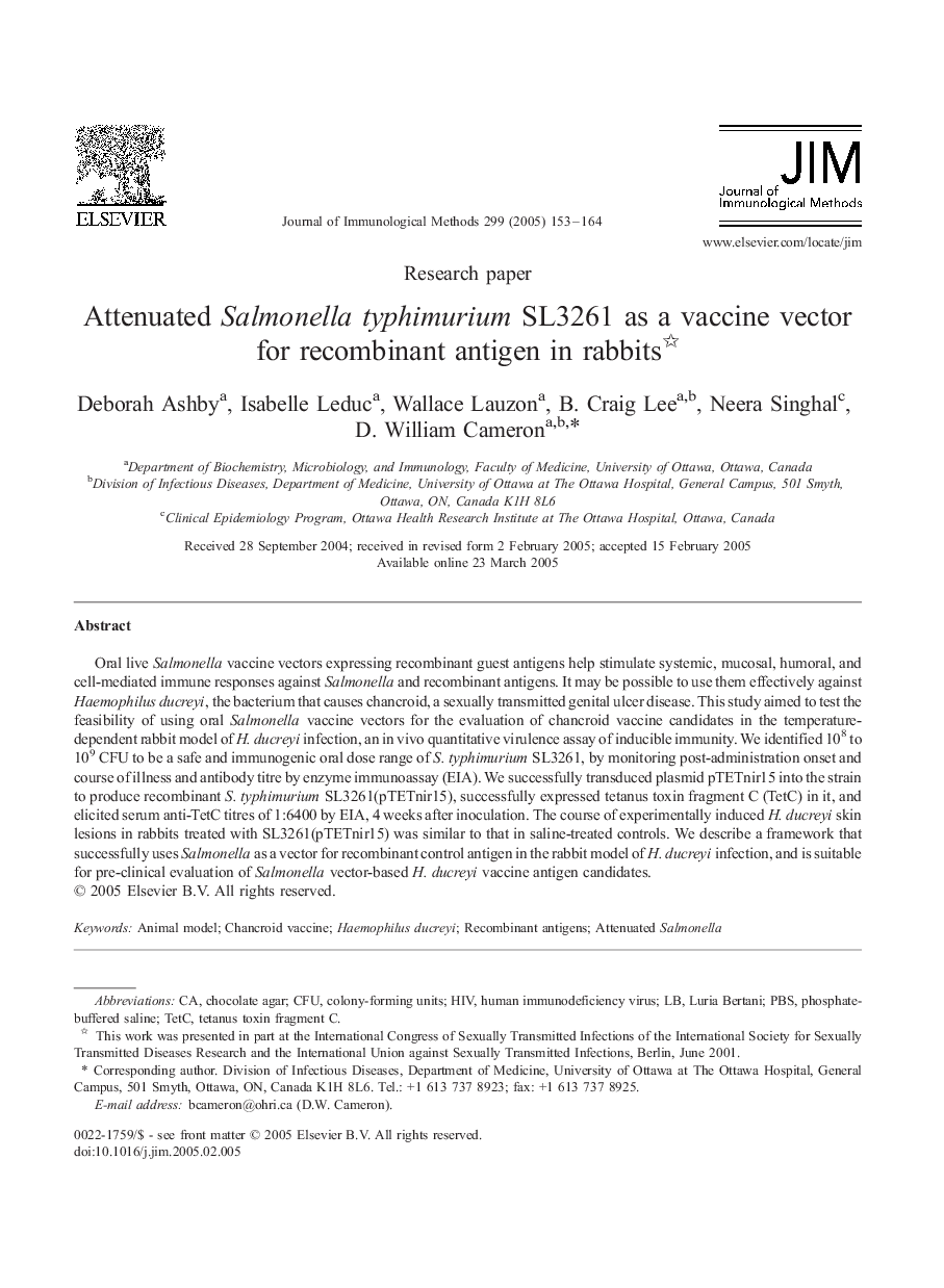 Attenuated Salmonella typhimurium SL3261 as a vaccine vector for recombinant antigen in rabbits