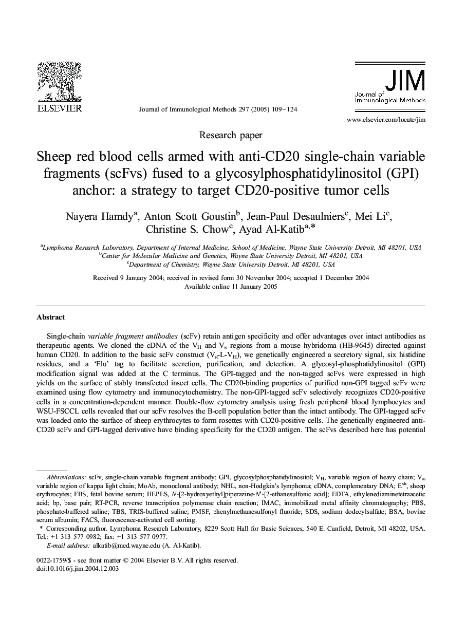 Sheep red blood cells armed with anti-CD20 single-chain variable fragments (scFvs) fused to a glycosylphosphatidylinositol (GPI) anchor: a strategy to target CD20-positive tumor cells