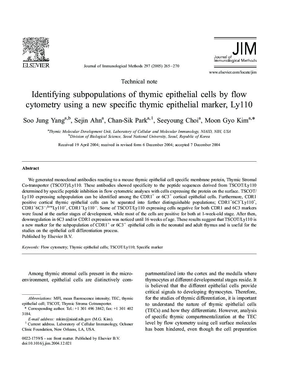 Identifying subpopulations of thymic epithelial cells by flow cytometry using a new specific thymic epithelial marker, Ly110