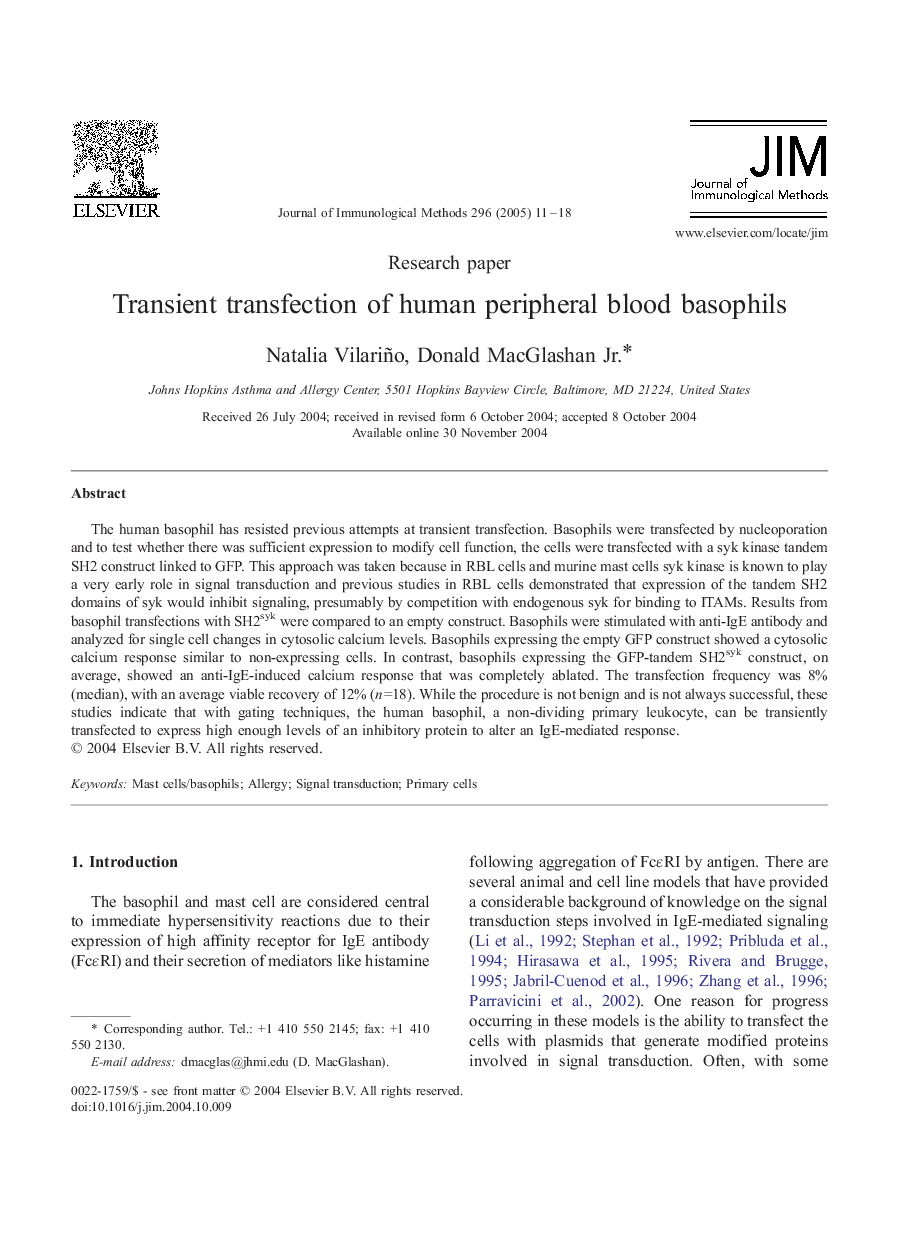 Transient transfection of human peripheral blood basophils