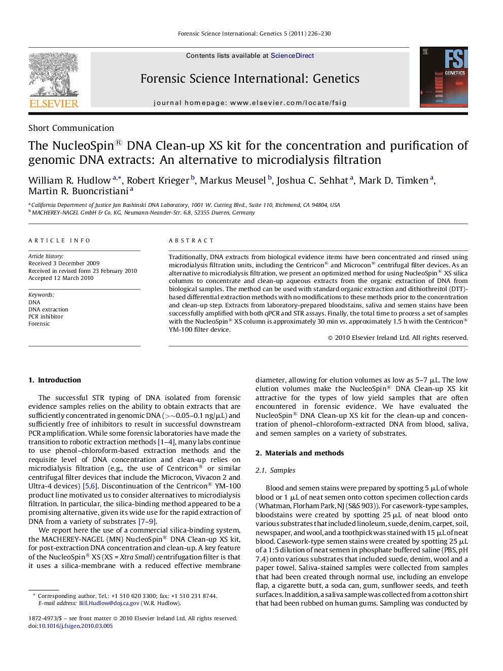 The NucleoSpin® DNA Clean-up XS kit for the concentration and purification of genomic DNA extracts: An alternative to microdialysis filtration