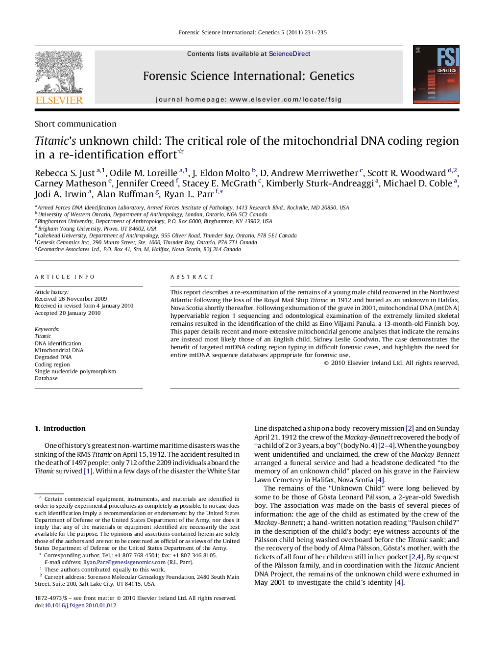 Titanic's unknown child: The critical role of the mitochondrial DNA coding region in a re-identification effort 