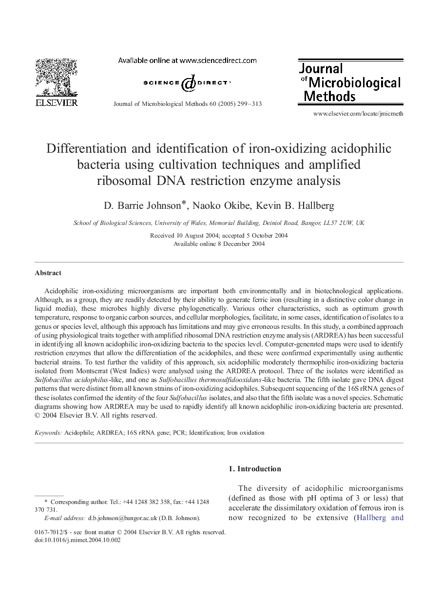 Differentiation and identification of iron-oxidizing acidophilic bacteria using cultivation techniques and amplified ribosomal DNA restriction enzyme analysis