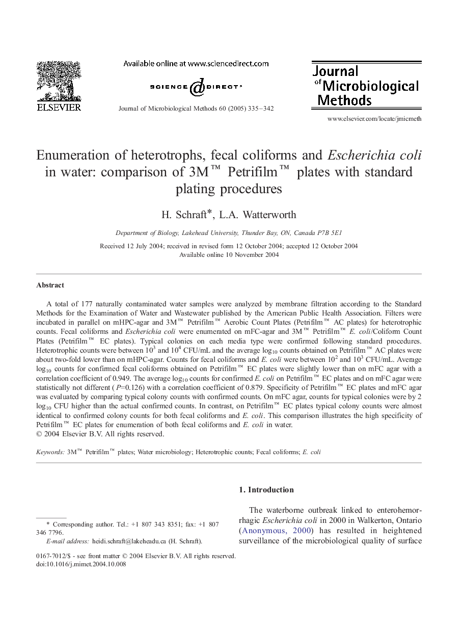 Enumeration of heterotrophs, fecal coliforms and Escherichia coli in water: comparison of 3Mâ¢ Petrifilmâ¢ plates with standard plating procedures