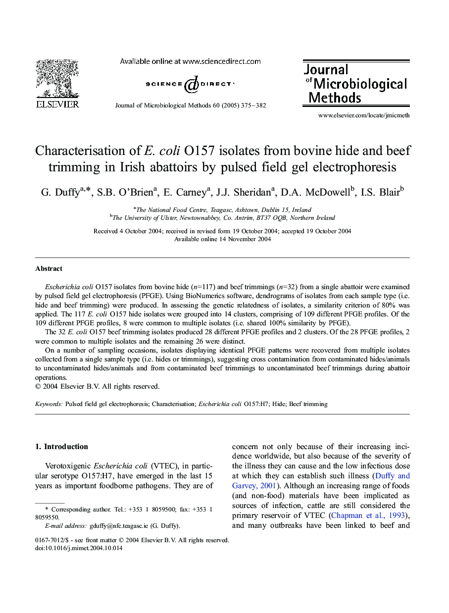 Characterisation of E. coli O157 isolates from bovine hide and beef trimming in Irish abattoirs by pulsed field gel electrophoresis