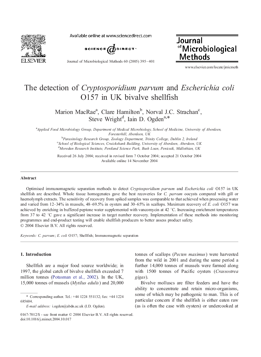 The detection of Cryptosporidium parvum and Escherichia coli O157 in UK bivalve shellfish