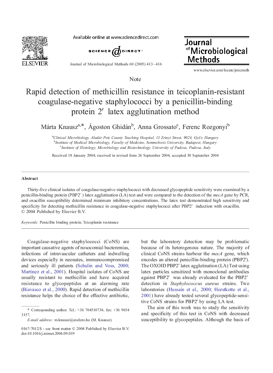 Rapid detection of methicillin resistance in teicoplanin-resistant coagulase-negative staphylococci by a penicillin-binding protein 2â² latex agglutination method