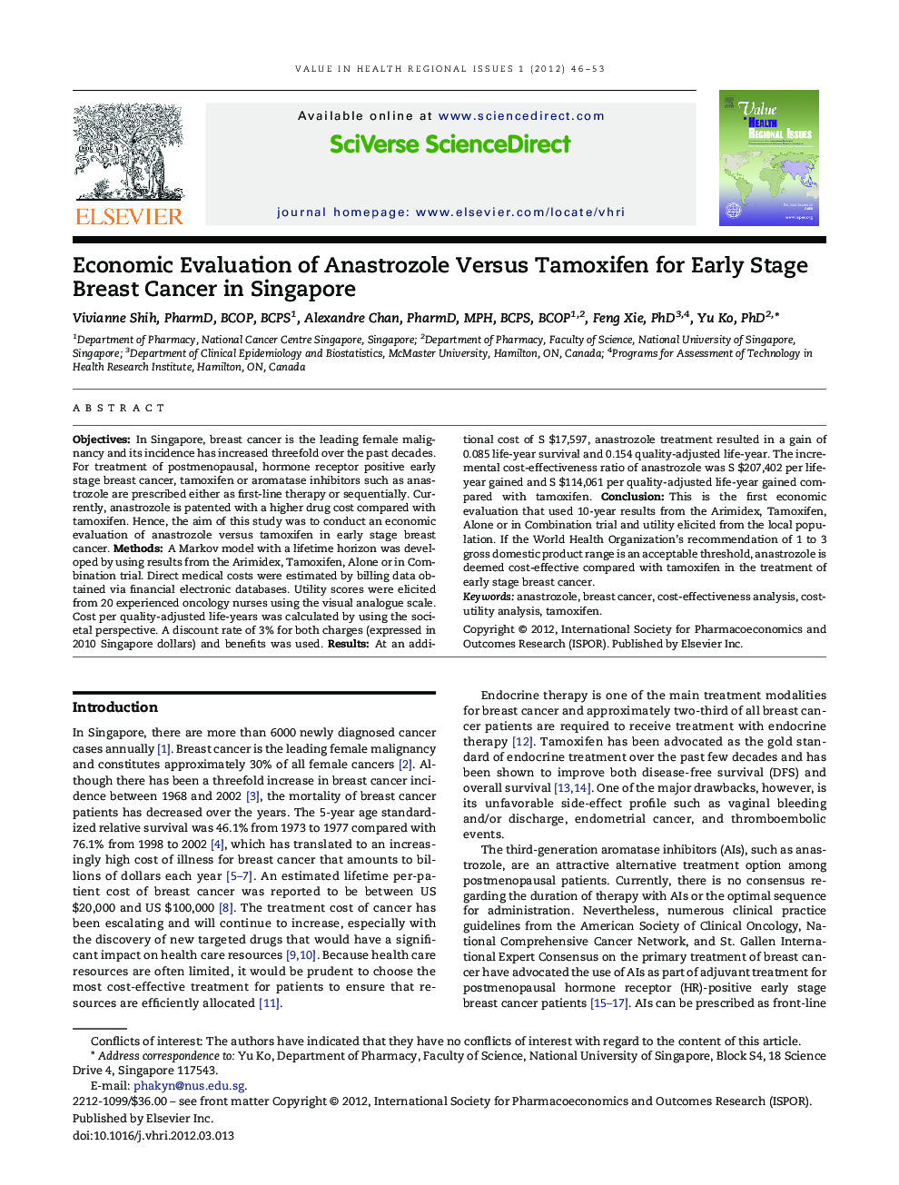 Economic Evaluation of Anastrozole Versus Tamoxifen for Early Stage Breast Cancer in Singapore 