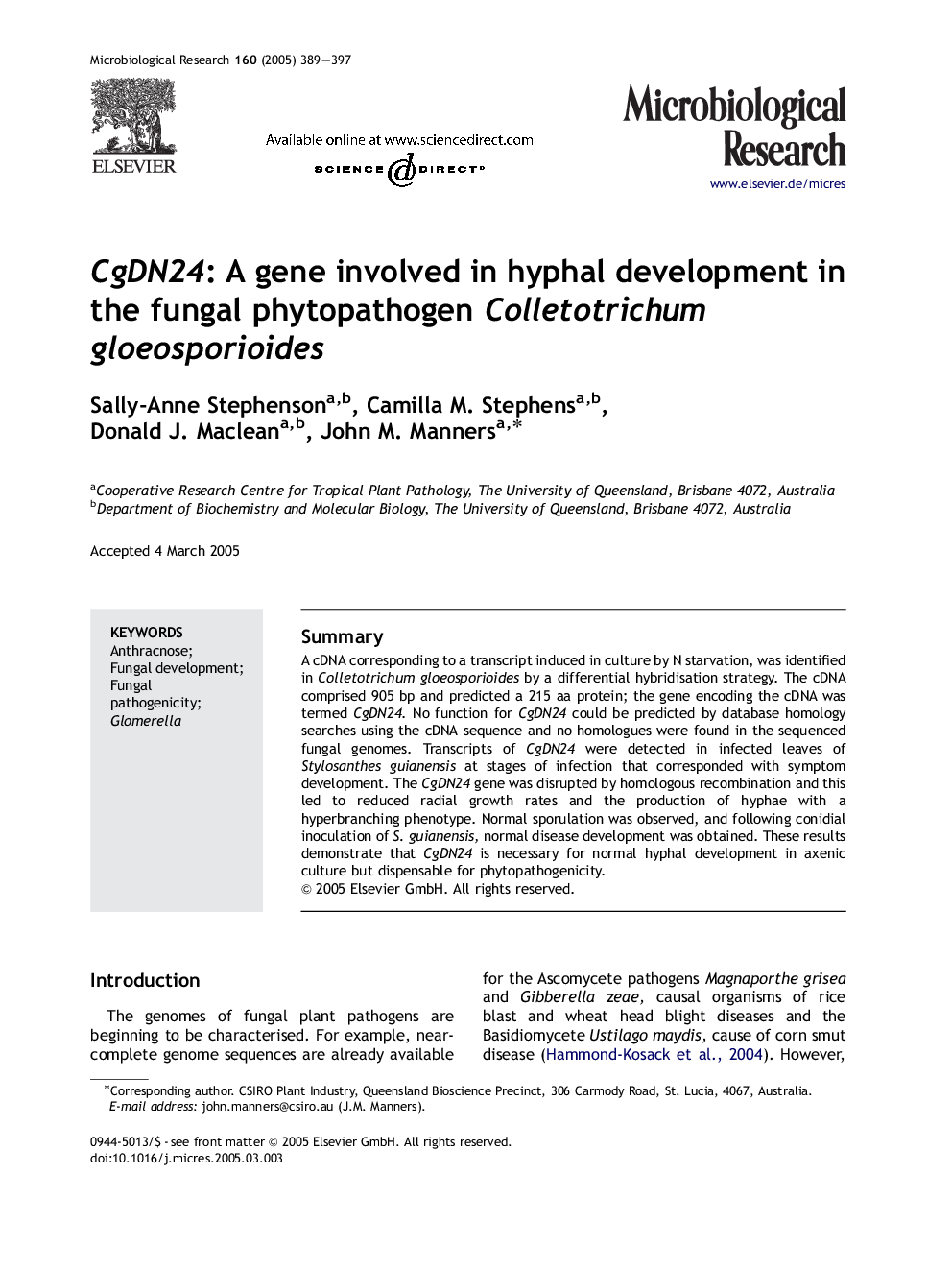 CgDN24: A gene involved in hyphal development in the fungal phytopathogen Colletotrichum gloeosporioides