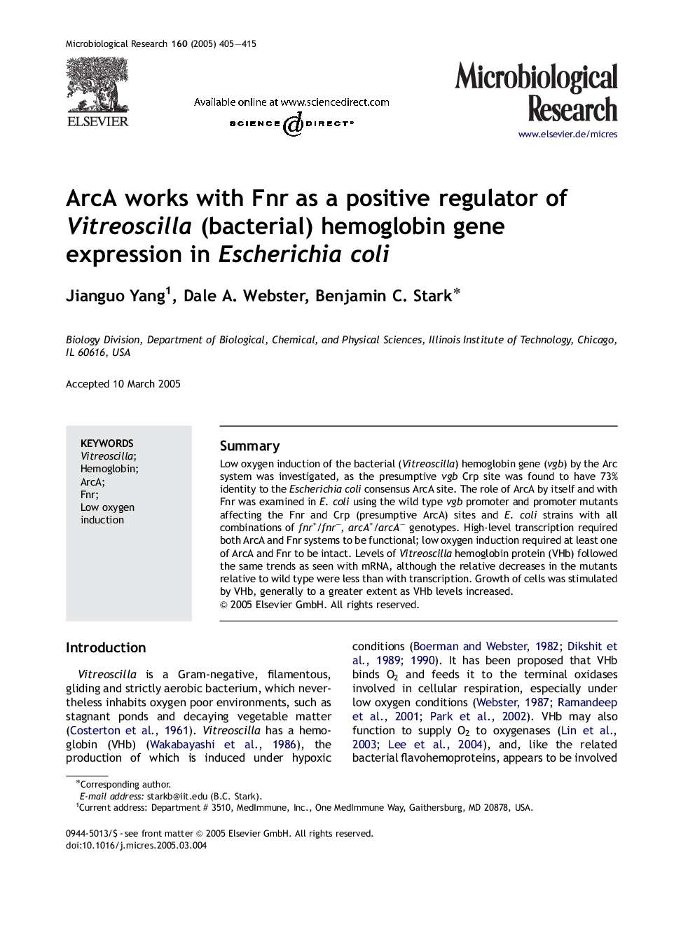 ArcA works with Fnr as a positive regulator of Vitreoscilla (bacterial) hemoglobin gene expression in Escherichia coli
