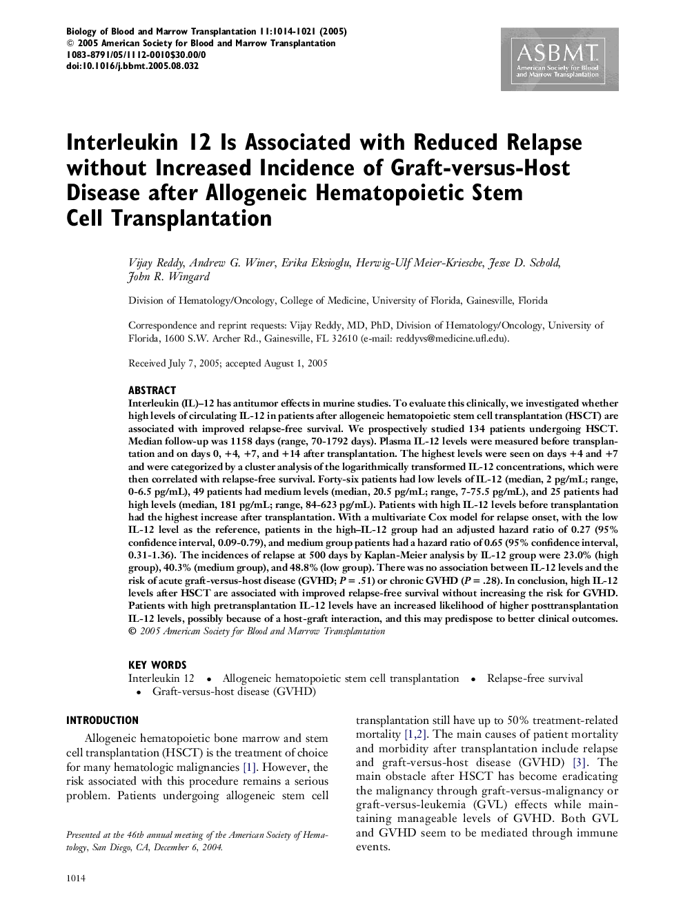 Interleukin 12 Is Associated with Reduced Relapse without Increased Incidence of Graft-versus-Host Disease after Allogeneic Hematopoietic Stem Cell Transplantation