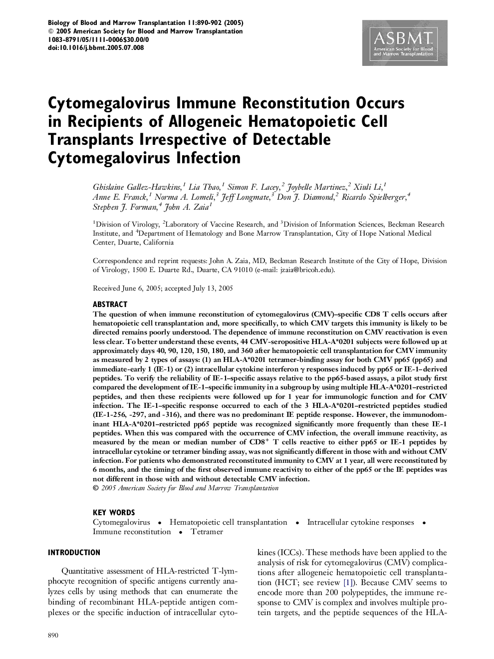 Cytomegalovirus Immune Reconstitution Occurs in Recipients of Allogeneic Hematopoietic Cell Transplants Irrespective of Detectable Cytomegalovirus Infection