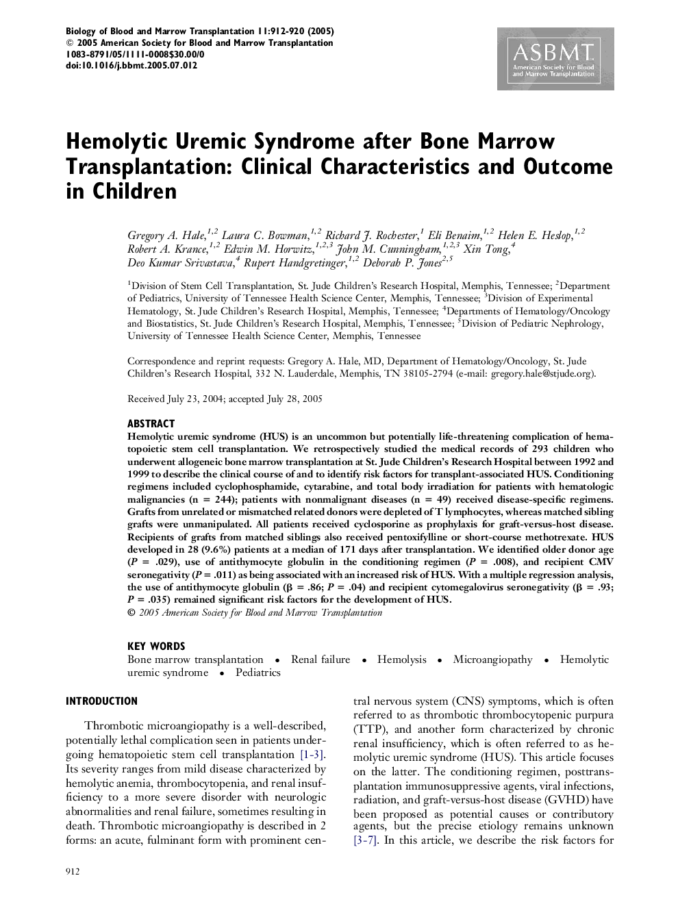 Hemolytic Uremic Syndrome after Bone Marrow Transplantation: Clinical Characteristics and Outcome in Children